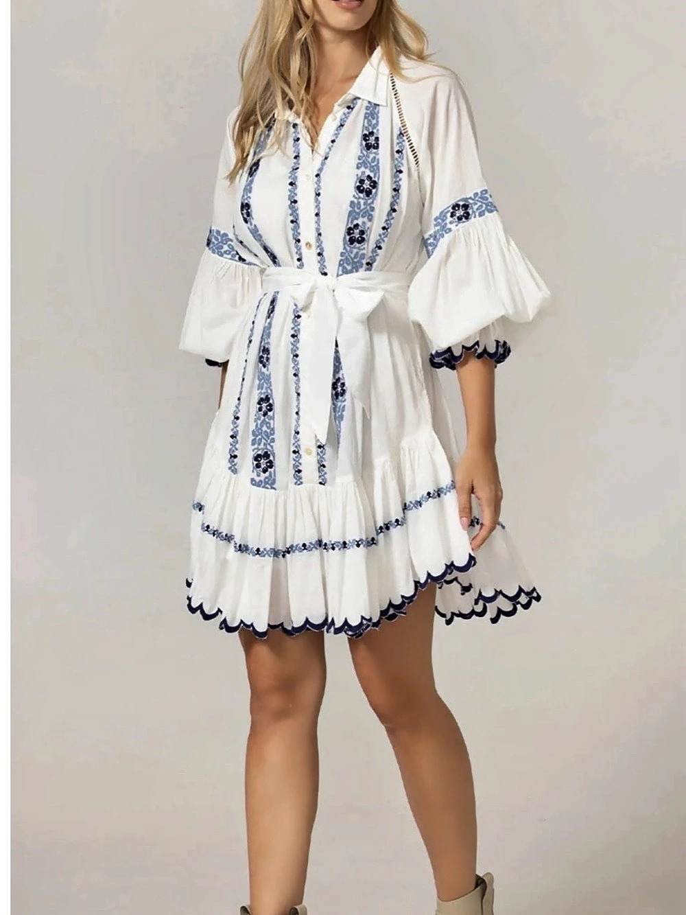 Miss June Paris Floral Mini Dress in White & Blue Like New